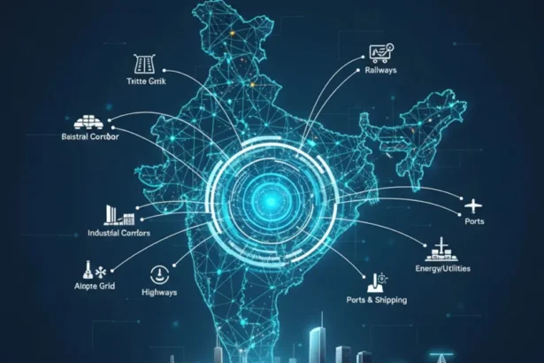 PM Gati Shakti integrated infrastructure master plan showing highways railways ports and digital GIS coordination across India
