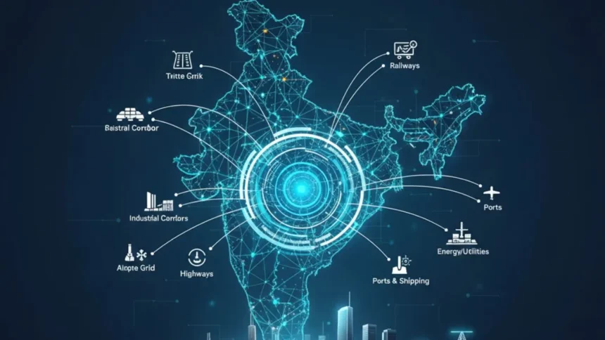 PM Gati Shakti integrated infrastructure master plan showing highways railways ports and digital GIS coordination across India