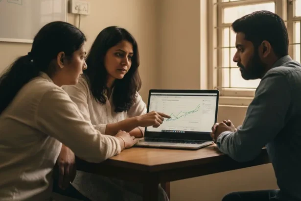 Small Indian lifestyle business team reviewing revenue growth, showcasing sustainable and profitable silent startups in India