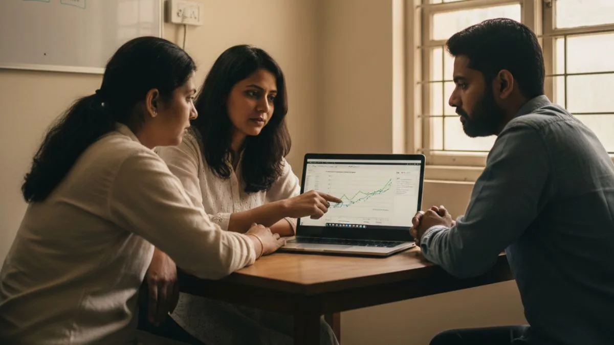 Small Indian lifestyle business team reviewing revenue growth, showcasing sustainable and profitable silent startups in India