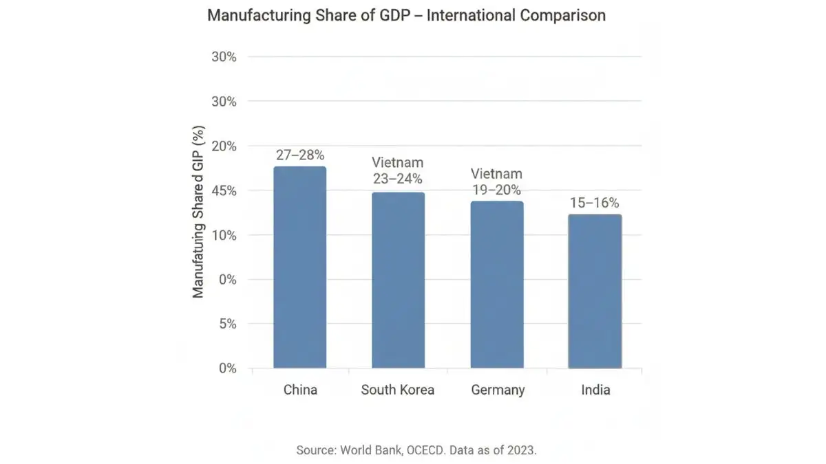 Source_ Gemini-Comparative manufacturing share of GDP chart highlighting India versus China, Vietnam, Germany and South Korea