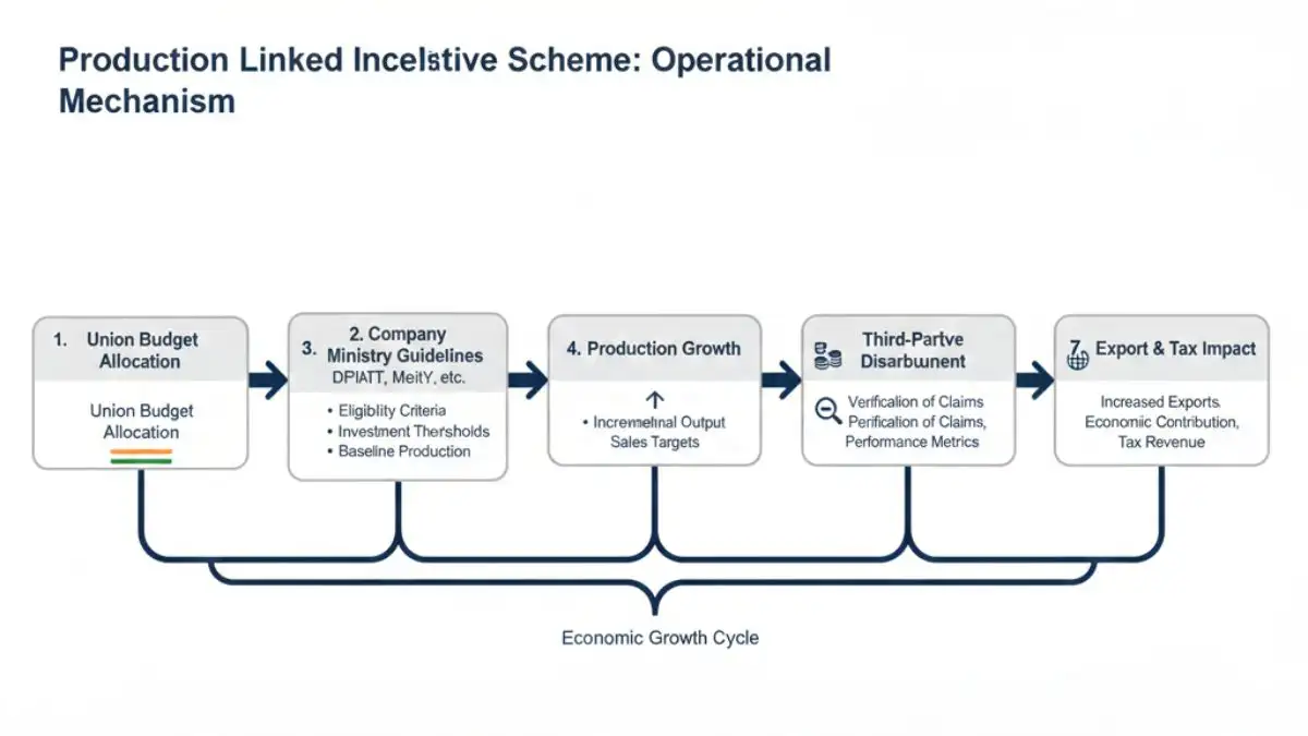 Source_ Gemini-Operational framework diagram of Production Linked Incentive Scheme showing incentive flow from Union Budget allocation to industry output expansion