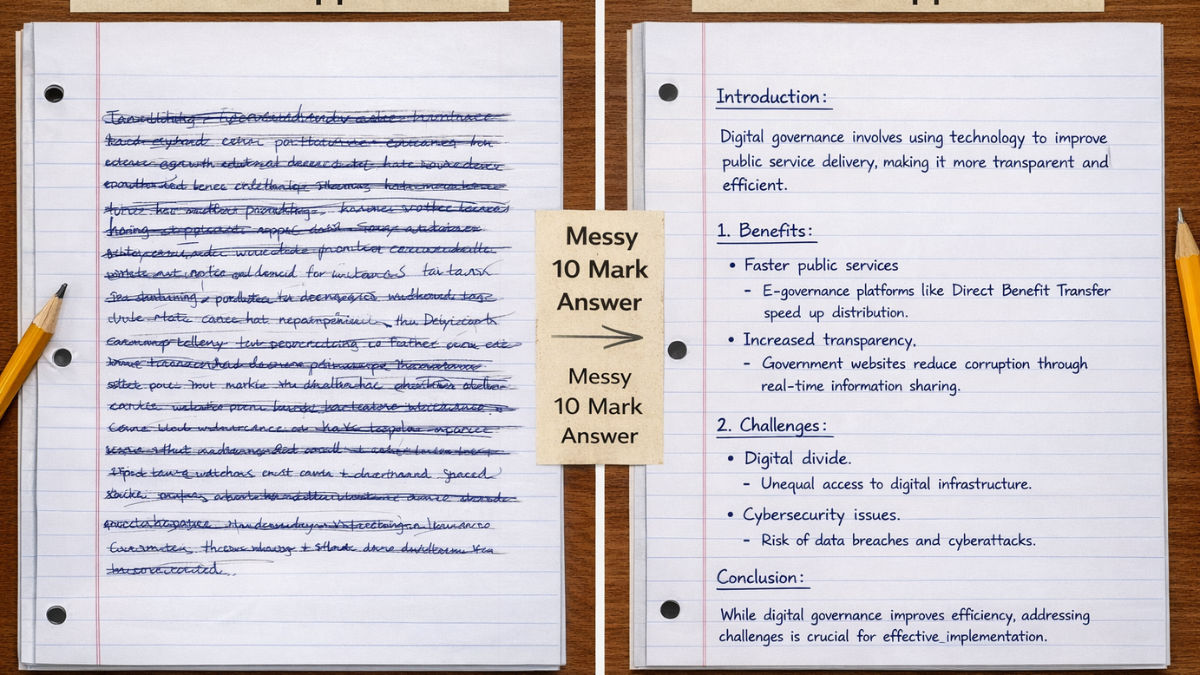 Split-screen comparison. Left side shows a messy 10 mark answer with long unbroken paragraphs and crossed-out text. Right side shows a clean mains answer format with headings, bullet points, clear