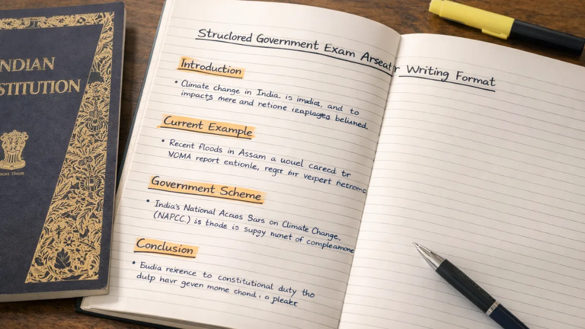 Structured answer writing format for government exams including current affairs examples and constitutional references.