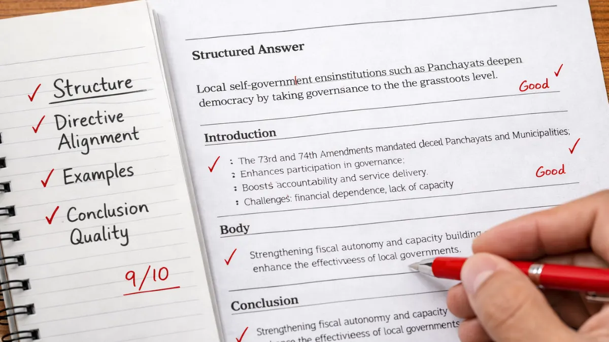 Structured government exam answer sheet being reviewed using self evaluation checklist and mock analysis framework