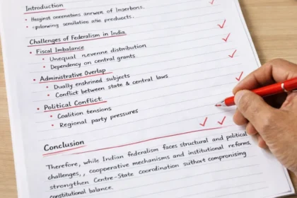 Structured government exam answer sheet with clearly written conclusion section and examiner marks