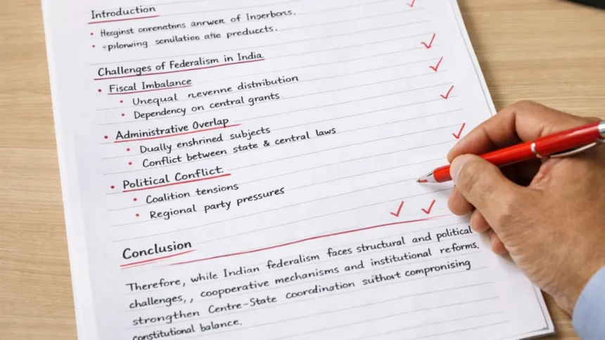 Structured government exam answer sheet with clearly written conclusion section and examiner marks