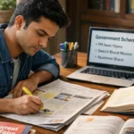 UPSC aspirant studying current affairs from newspapers and books to improve government exam answer writing (1)