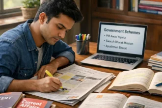 UPSC aspirant studying current affairs from newspapers and books to improve government exam answer writing (1)