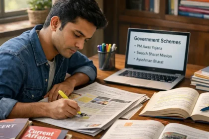 UPSC aspirant studying current affairs from newspapers and books to improve government exam answer writing (1)