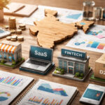 Startup models in India concept with SaaS, fintech and D2C miniatures around India map