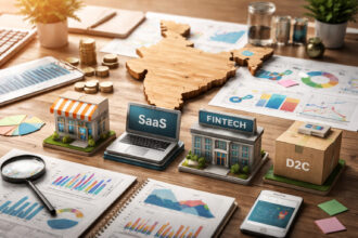 Startup models in India concept with SaaS, fintech and D2C miniatures around India map