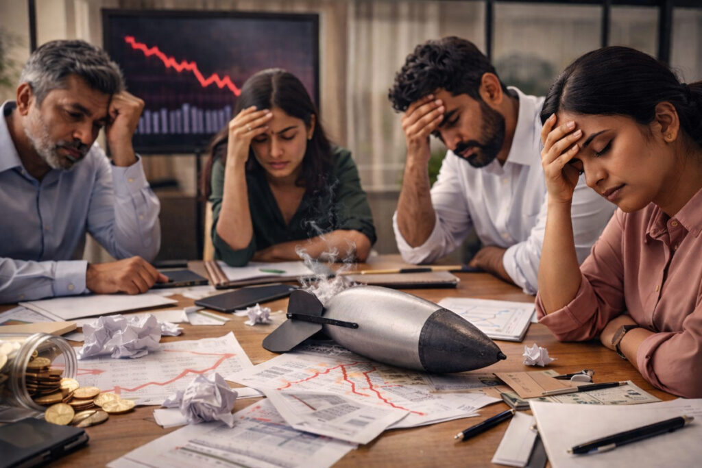 Frustrated startup founders in tense boardroom meeting with declining growth charts and failed product prototype on table