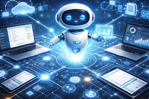 AI agent connected to multiple digital systems performing tasks