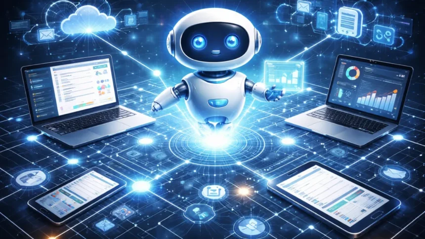 AI agent connected to multiple digital systems performing tasks