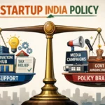 Balance scale comparing policy support and policy branding under Startup India Policy