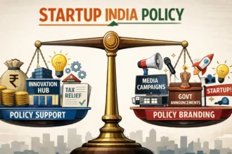 Balance scale comparing policy support and policy branding under Startup India Policy