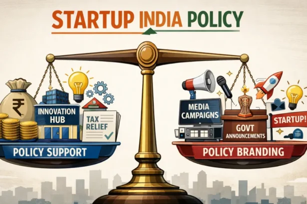 Balance scale comparing policy support and policy branding under Startup India Policy