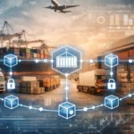 Blockchain network visualization with connected data blocks