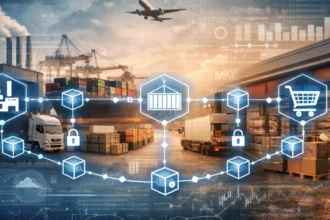 Blockchain network visualization with connected data blocks