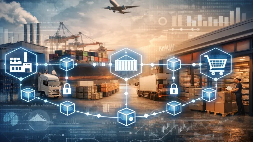 Blockchain network visualization with connected data blocks