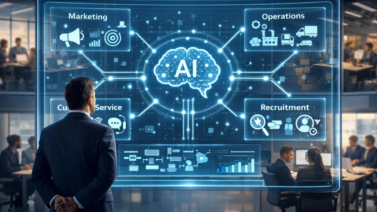 Business leader reviewing an AI automation panel connected to multiple departments