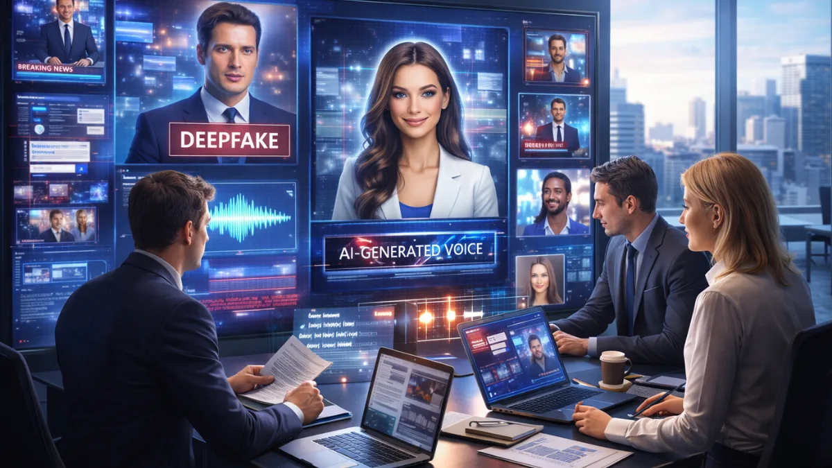 Business team analyzing deepfake video, AI voices, and synthetic media assets