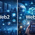 A modern creator working on a laptop with digital assets, NFTs, and blockchain dashboards floating around, symbolizing ownership in Web3 ecosystem, cinematic lighting