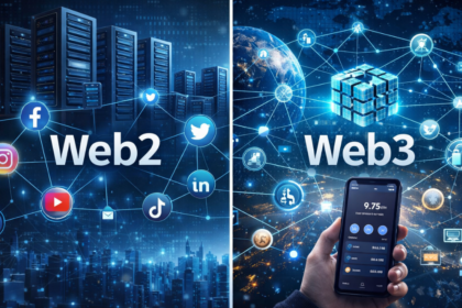 A modern creator working on a laptop with digital assets, NFTs, and blockchain dashboards floating around, symbolizing ownership in Web3 ecosystem, cinematic lighting