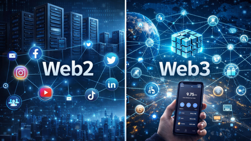 A modern creator working on a laptop with digital assets, NFTs, and blockchain dashboards floating around, symbolizing ownership in Web3 ecosystem, cinematic lighting