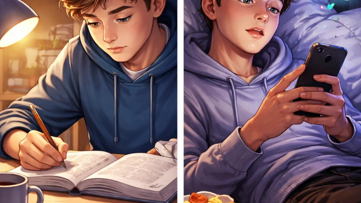 Comparison between focused studying and distracted scrolling showing brainrot impact