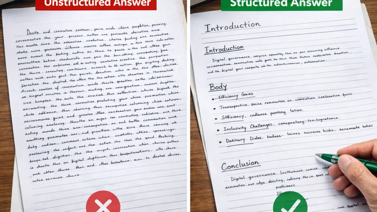 Comparison between structured and unstructured answers showing common exam scoring errors