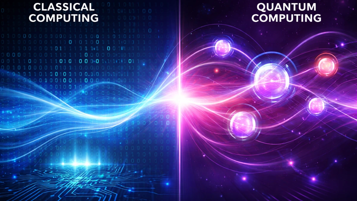 Comparison of classical computing and quantum computing showing binary bits versus qubits in multiple states