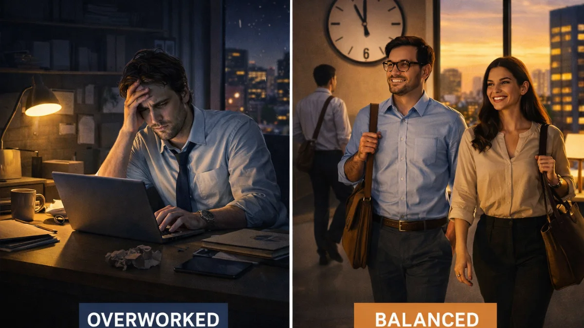 Comparison of overwork vs balanced work life illustrating Quiet Quitting concept