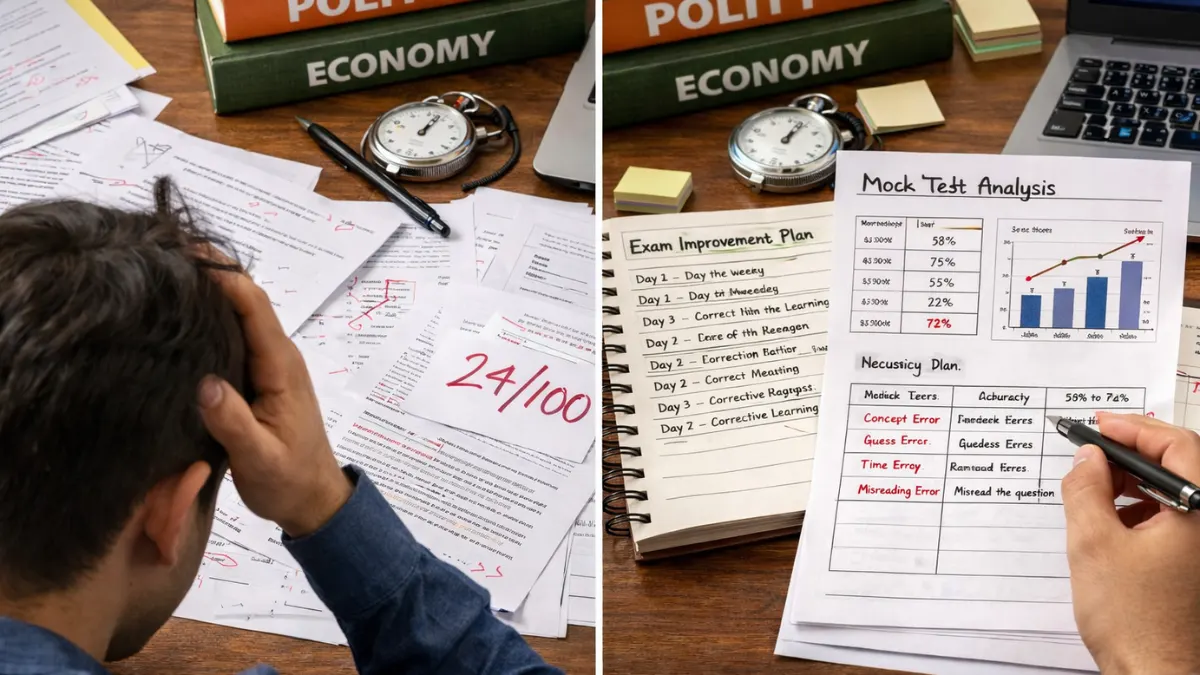 Comparison of poor mock test practice vs structured mock test recovery strategy for exam preparation.