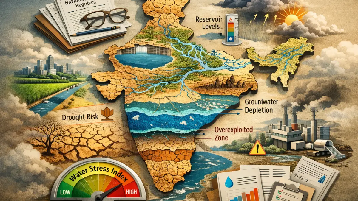 Conceptual map of India showing rivers, reservoirs, and groundwater stress in a water policy context