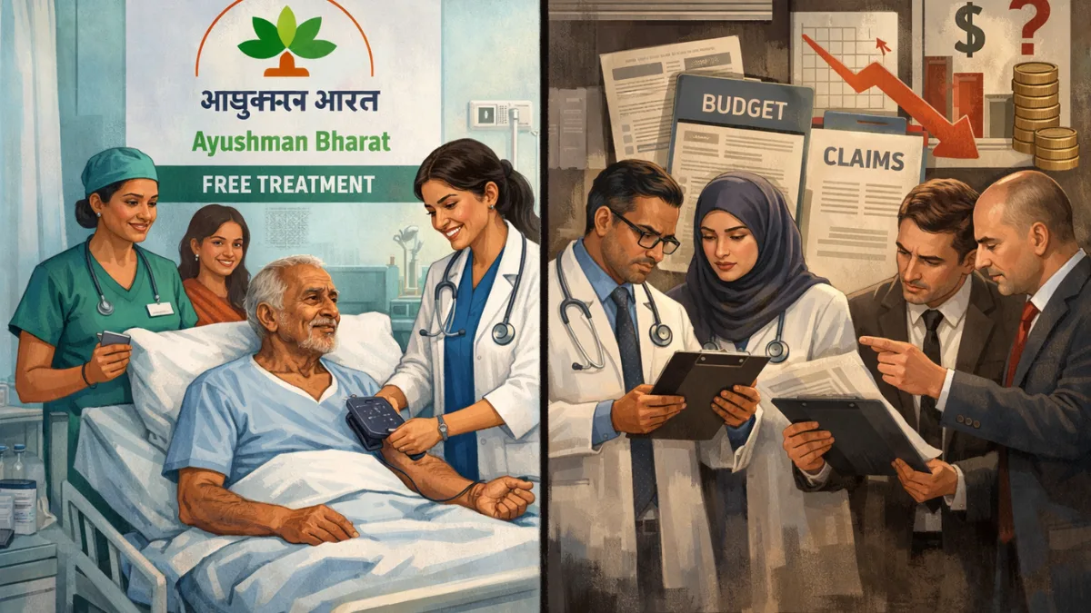 Conceptual split illustration showing benefits and challenges of the Ayushman Bharat health insurance scheme in India.