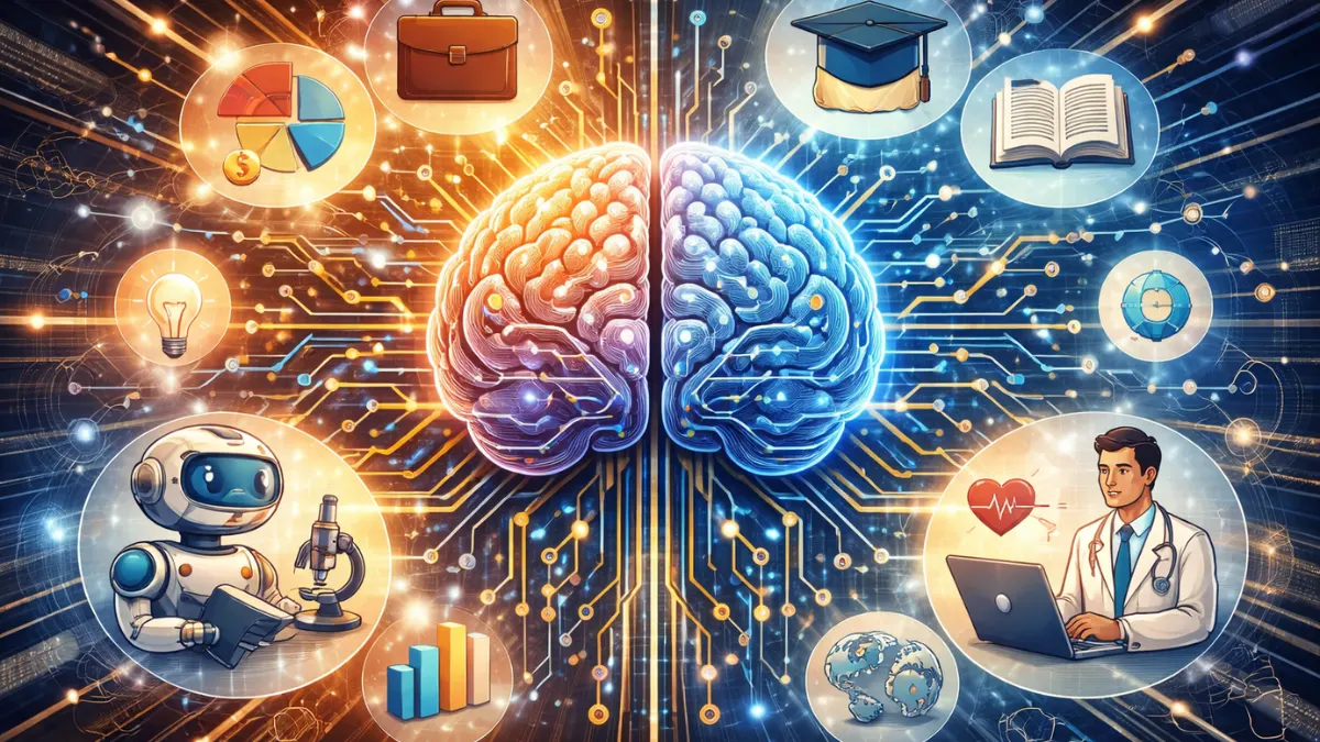 Conceptual visual of AGI connecting human-like intelligence with multiple industries