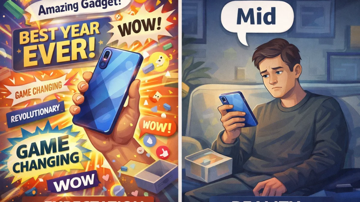 Contrast between hype marketing and user disappointment labeled as mid