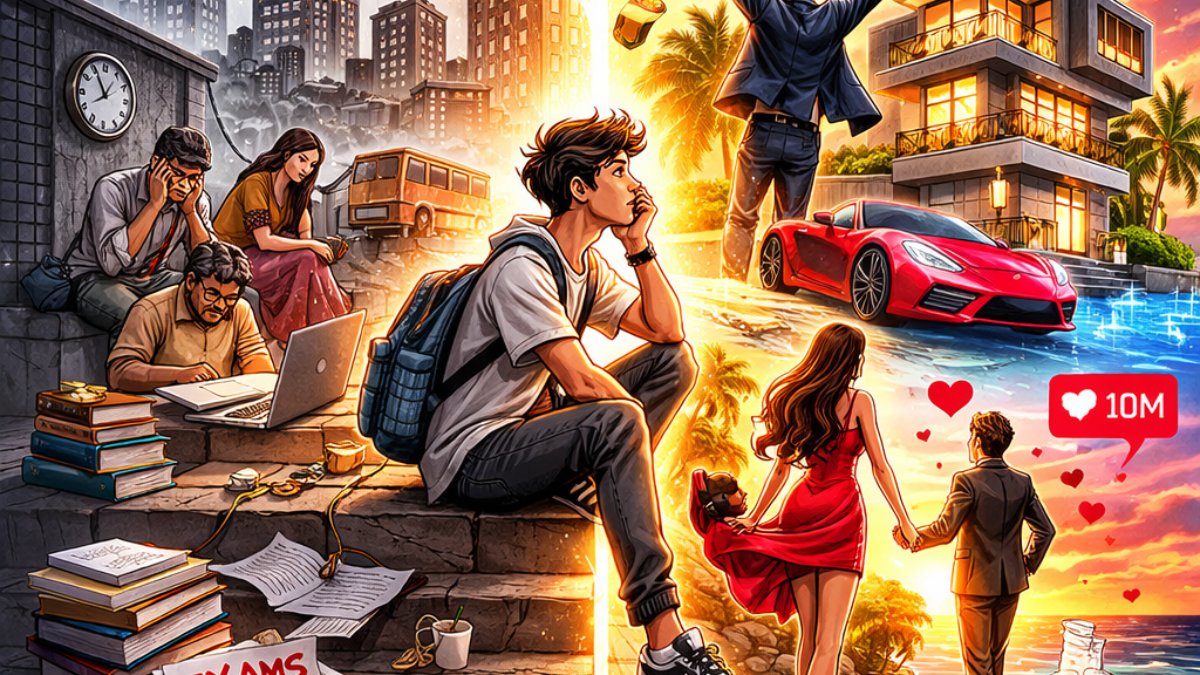 Contrast between reality and delulu fantasy lifestyle visualization