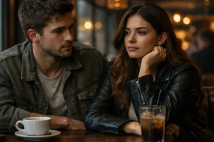 Couple in café showing emotional connection without clear relationship definition