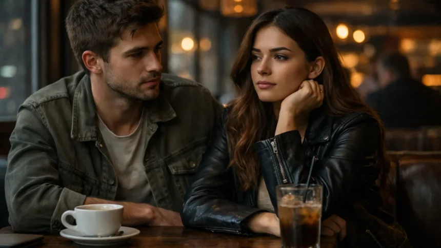 Couple in café showing emotional connection without clear relationship definition
