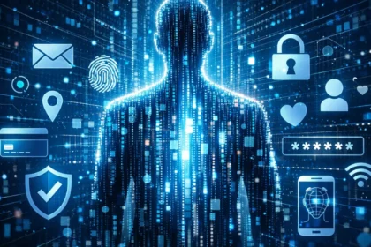 Digital identity concept showing personal data and online profiles connected