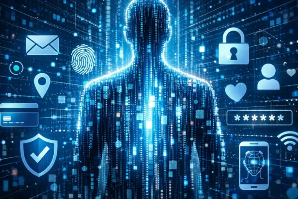 Digital identity concept showing personal data and online profiles connected