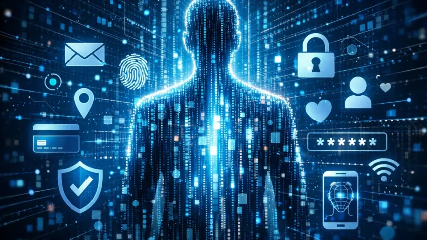 Digital identity concept showing personal data and online profiles connected