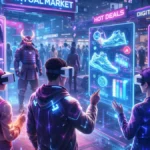Digital marketplace inside metaverse where avatars buy virtual goods
