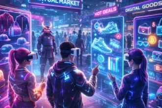 Digital marketplace inside metaverse where avatars buy virtual goods