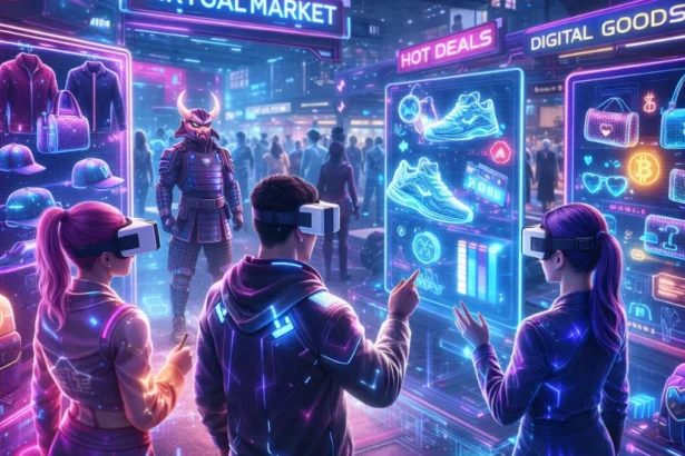 Digital marketplace inside metaverse where avatars buy virtual goods