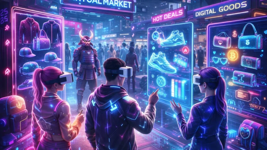 Digital marketplace inside metaverse where avatars buy virtual goods