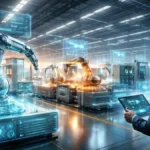 Editorial illustration of industrial machines connected to digital twin data overlays